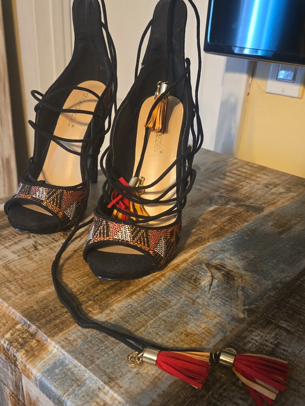 Shoe Dazzle Black Strappy Heels with Multicolor Beaded Front and Red/Tan Tassels